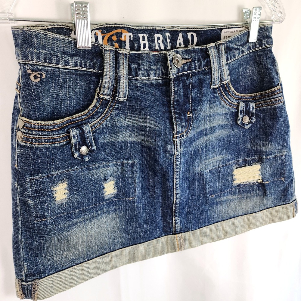 Southern Thread Denim Mini‎ Skirt Blue Distressed Womens Size 26 Western Cowgirl - Picture 2 of 16